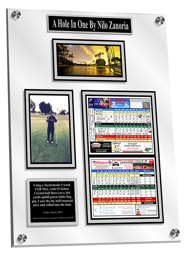 Acrylic Hole in One Wall Plaque with story of the shot on the engraved plate.