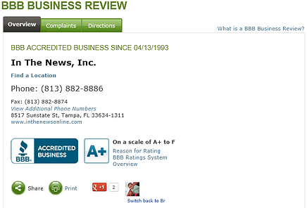 In The News Inc BBB reivew, plaque company