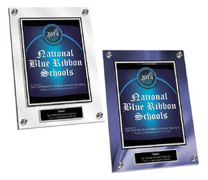 Here, you can see a clear crystaline acrylic plaque next to a plaque with the same article but using a blue silk background.